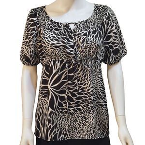 Worthington M Chic Black/White Blouse Abstract Pattern Empire Waist Drawstring